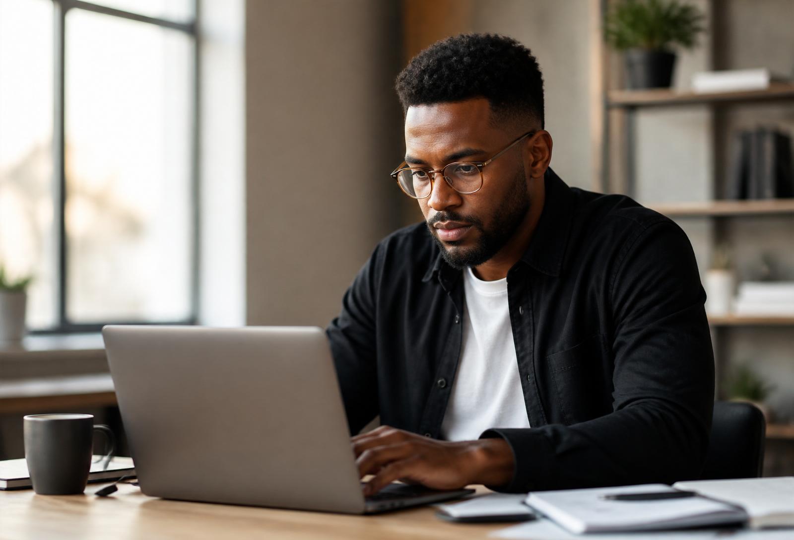 African-American entrepreneur working diligently at a laptop